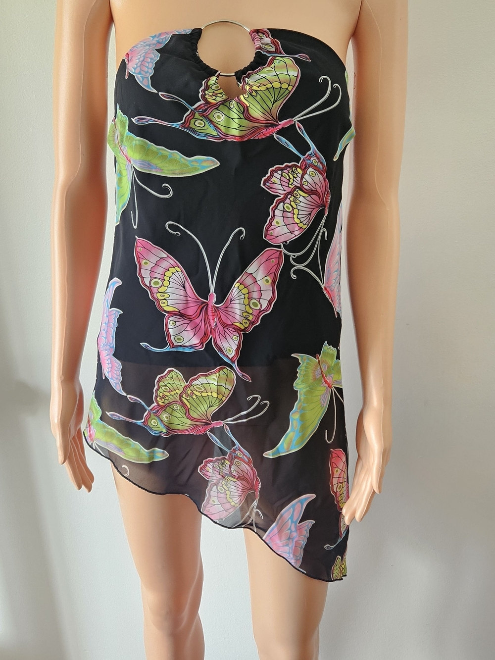 True Y2k rave Black Strapless Top with Multicolor Butterfly Print